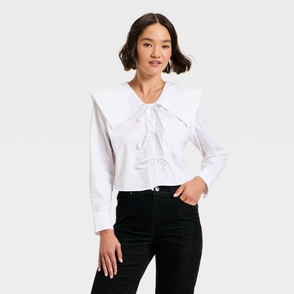 Women's Long Sleeve Relaxed V-Neck Tie-Front Blouse - Future Collective White S